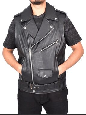 Real Leather  Black Moto Vest with Belt Men's Genuine Cowhide Leather Weste M